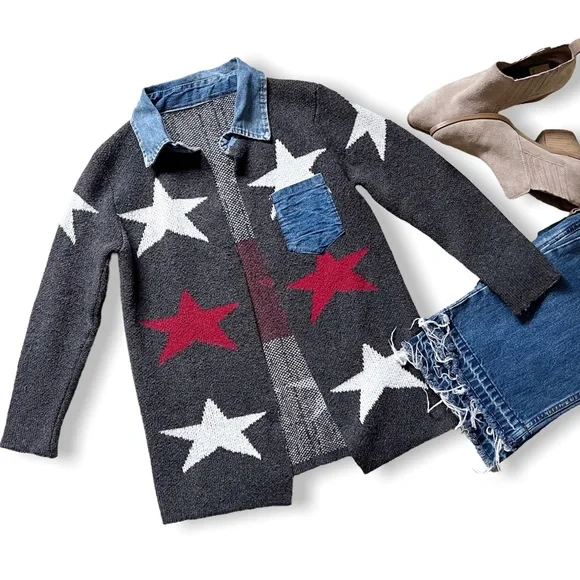 WOOL STAR PRINT CARDIGAN DENIM TRIM OPEN FRONT COLLARED SWEATER COAT GRAY Siz… - Picture 2 of 13